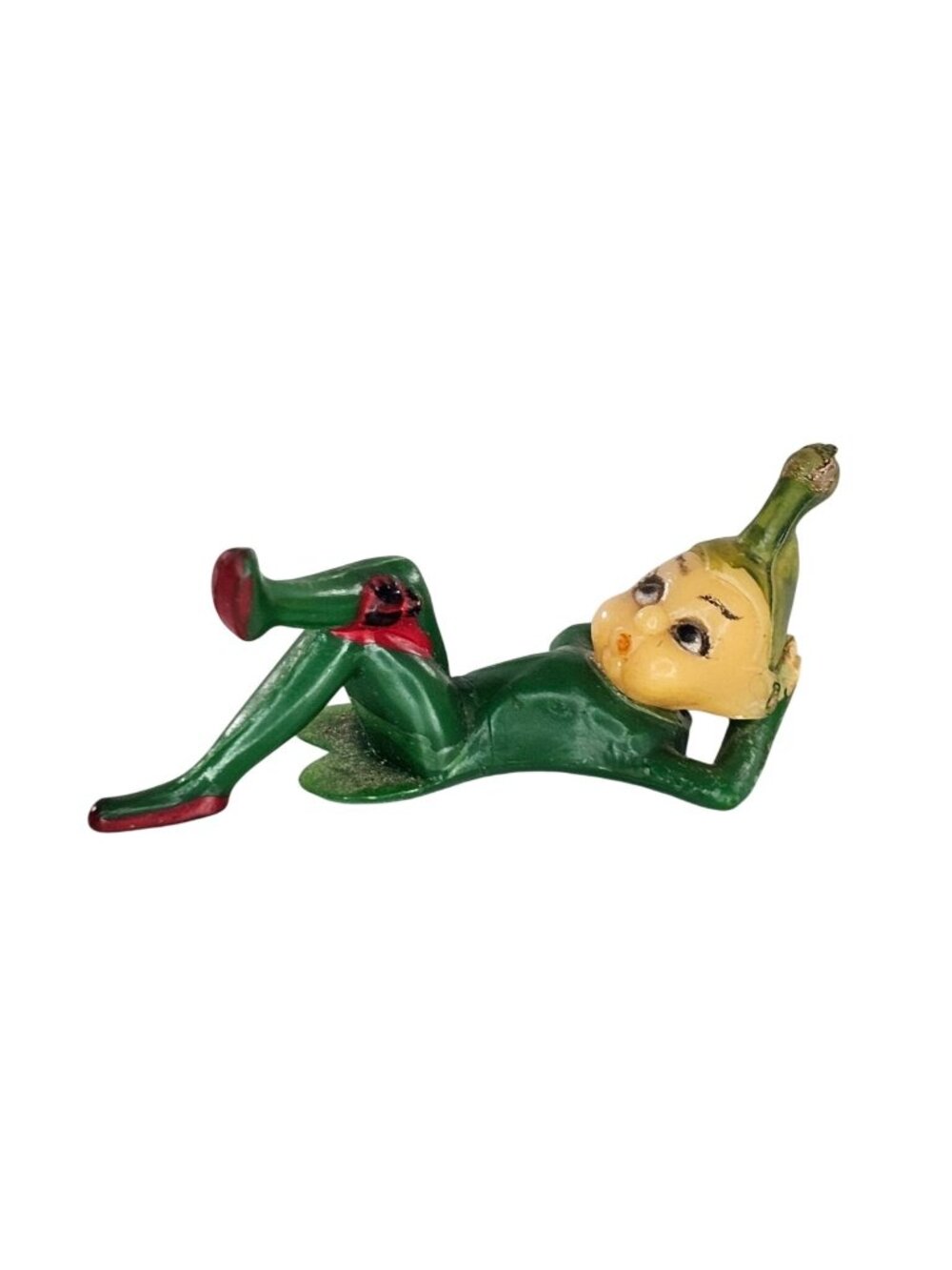 Vintage MCM Miniature Reclining Pixie Elf Figurine Plastic Green Hong Kong 2"